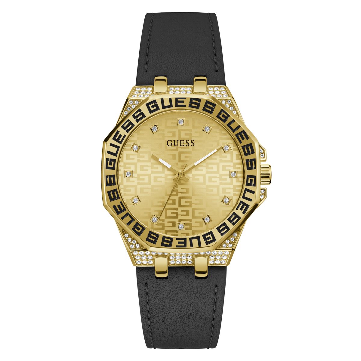 Guess GW0547L3 watch for women with a golden dial and leather strap.