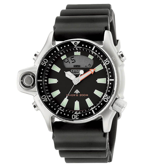 Citizen JP2000-08E watch for man with a black dial and rubber strap.