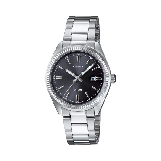 Casio LTP-1302PD-1A1VEF watch for women with a black dial and stainless steel strap.