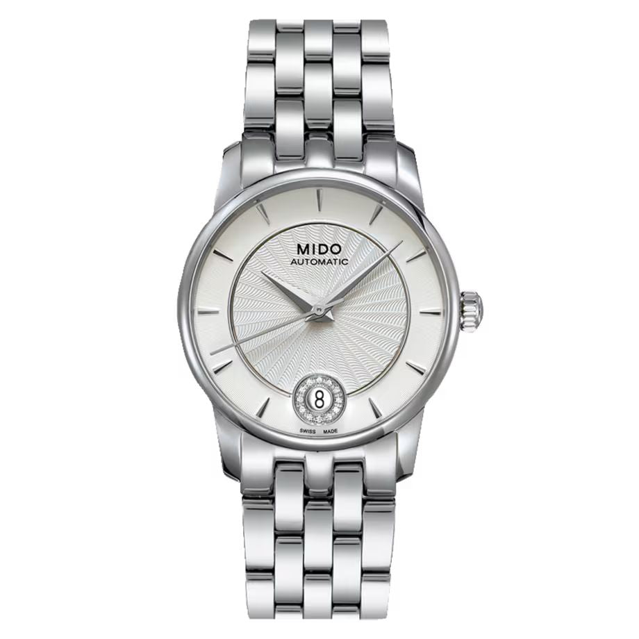 Mido M0072071103600 watch for woman with a white dial and stainless steel strap.