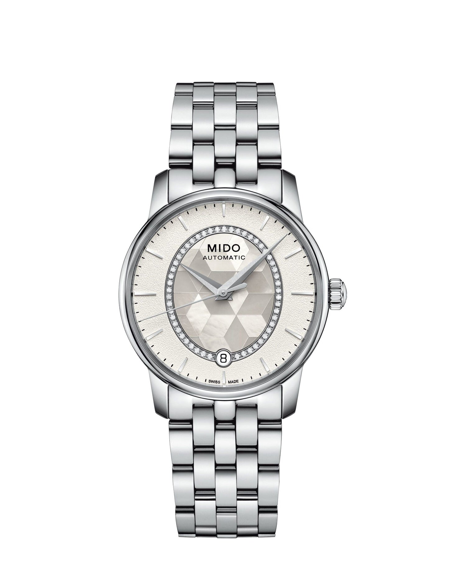 Mido M0072071111600 watch for woman with a white dial and stainless steel strap.
