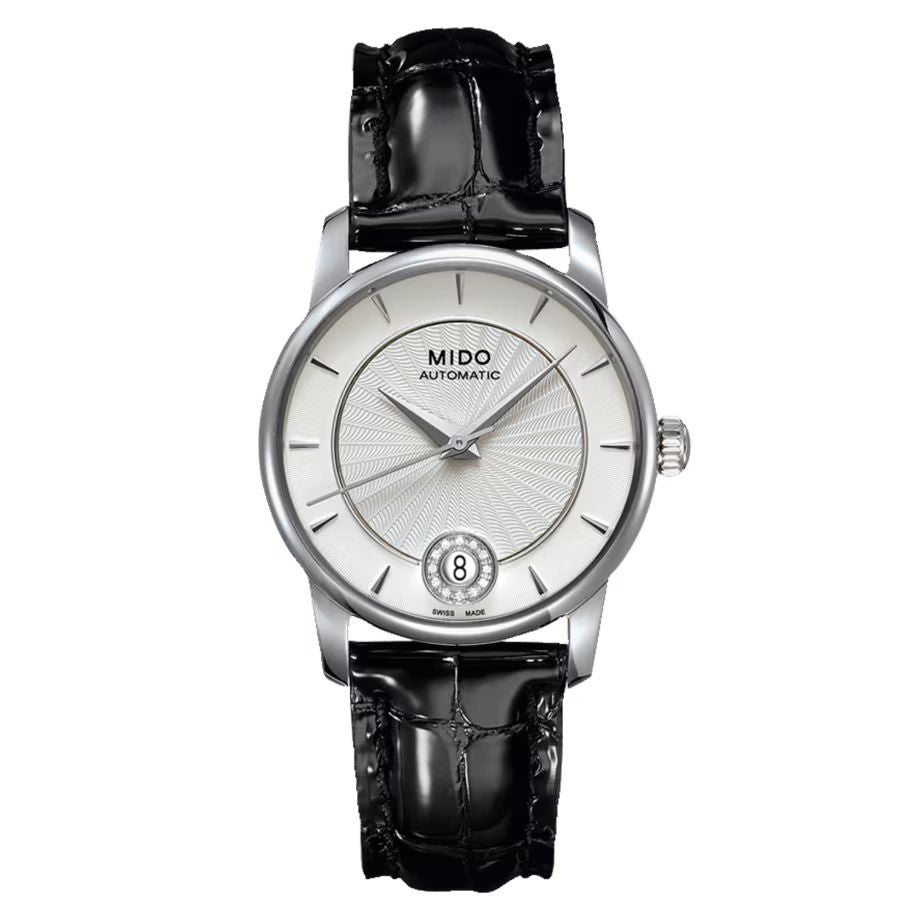 Mido M0072071603600 watch for woman with a white dial and leather strap.