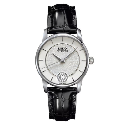 Mido M0072071603600 watch for woman with a white dial and leather strap.