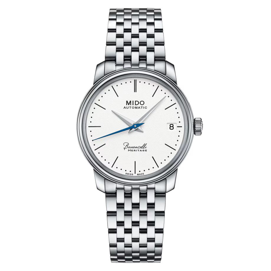 Mido M0272071101000 watch for man with a white dial and stainless steel strap.