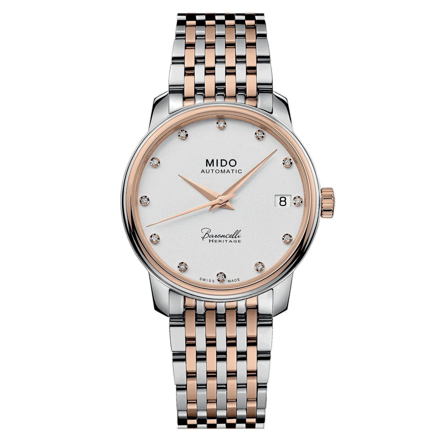 Mido M0272072201600 watch for woman with a white dial and stainless steel strap.