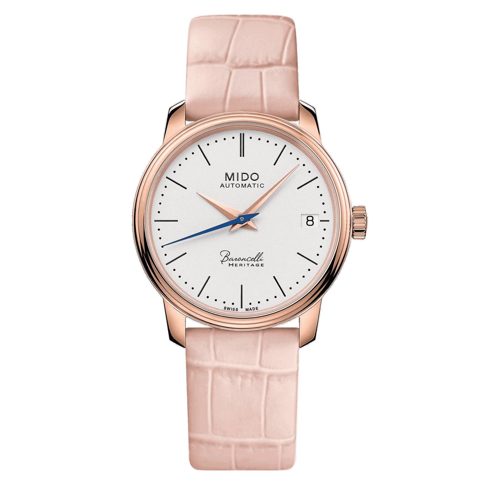 Mido M0272073601000 watch for woman with a white dial and leather strap.