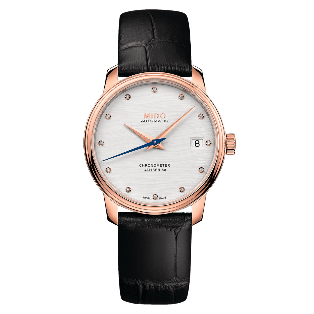 Mido M0272083603600 watch for man with a white dial and leather strap.