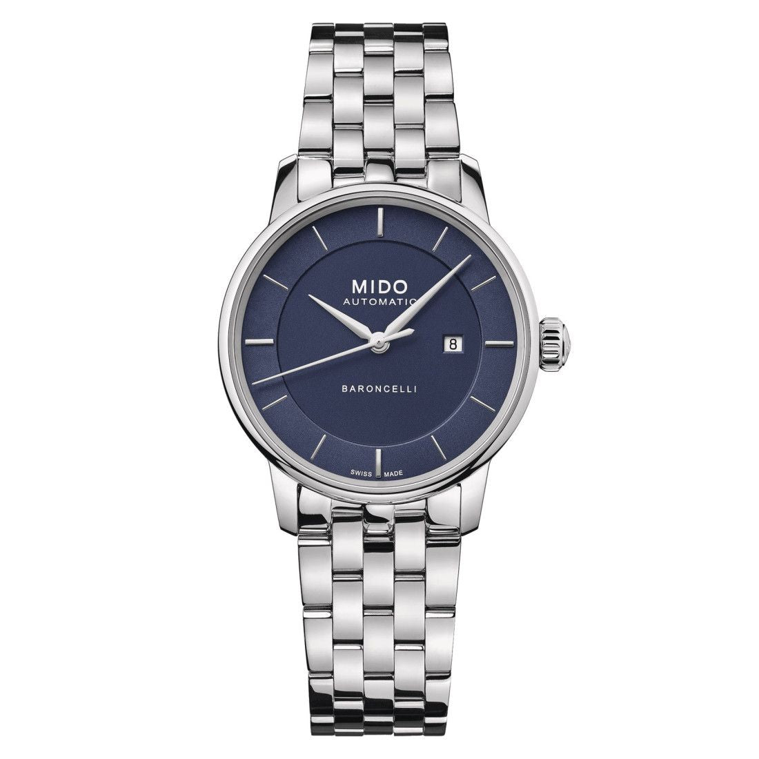 Mido M0372071104100 watch for woman with a blue dial and stainless steel strap.