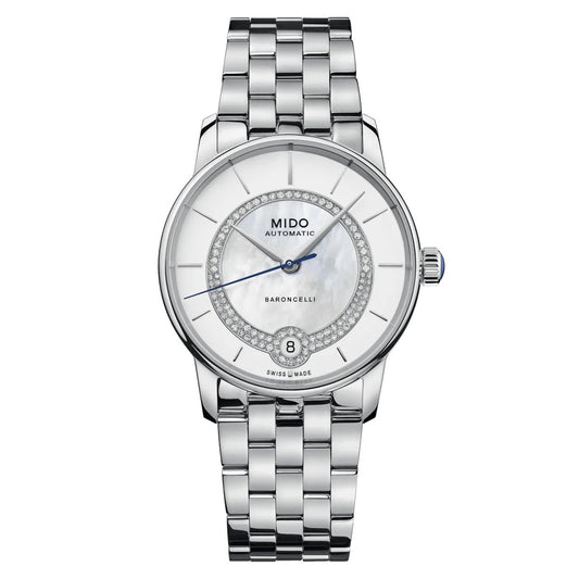 Mido M0378071103100 watch for woman with a white dial and stainless steel strap.