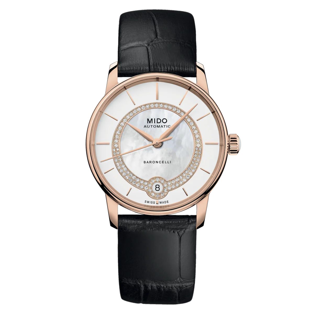 Mido M0378073603100 watch for woman with a white dial and leather strap.