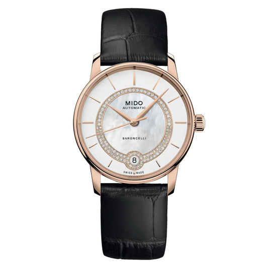 Mido M0378073603100 watch for woman with a white dial and leather strap.