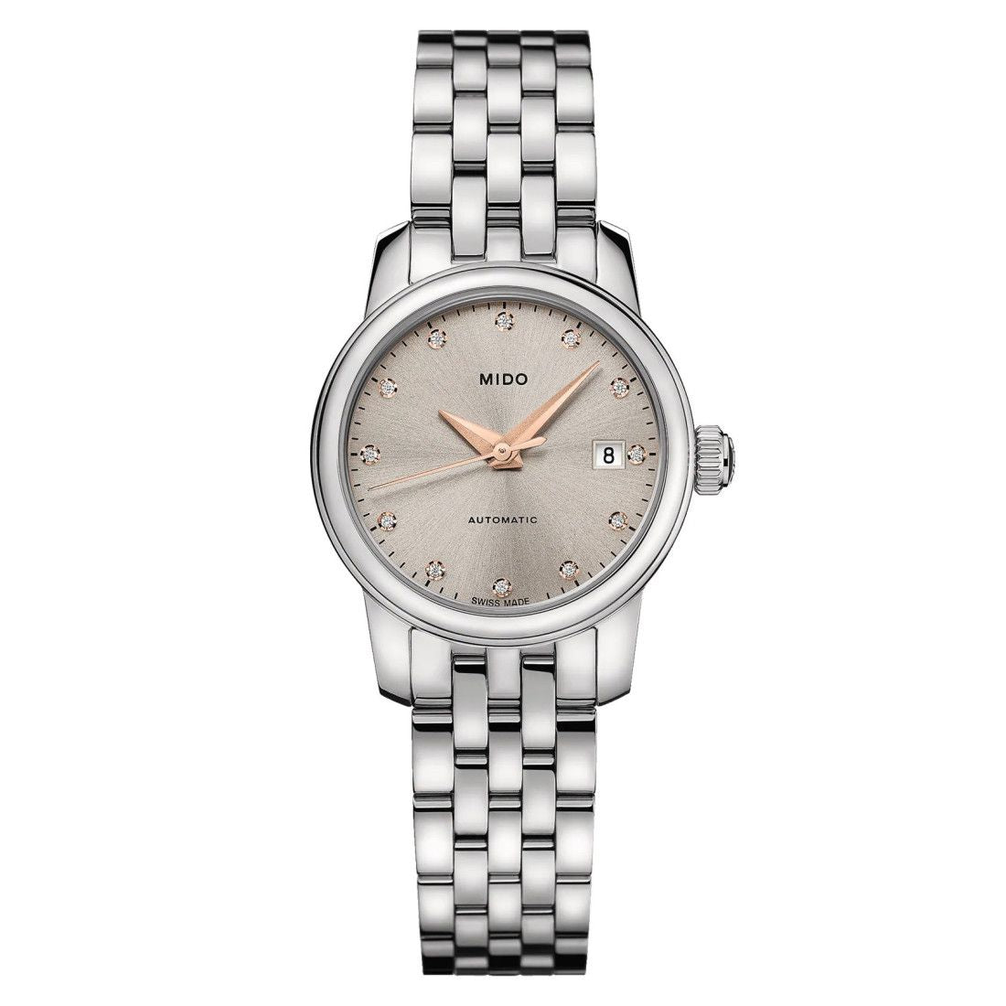 Mido M0390071107600 watch for woman with a white dial and stainless steel strap.