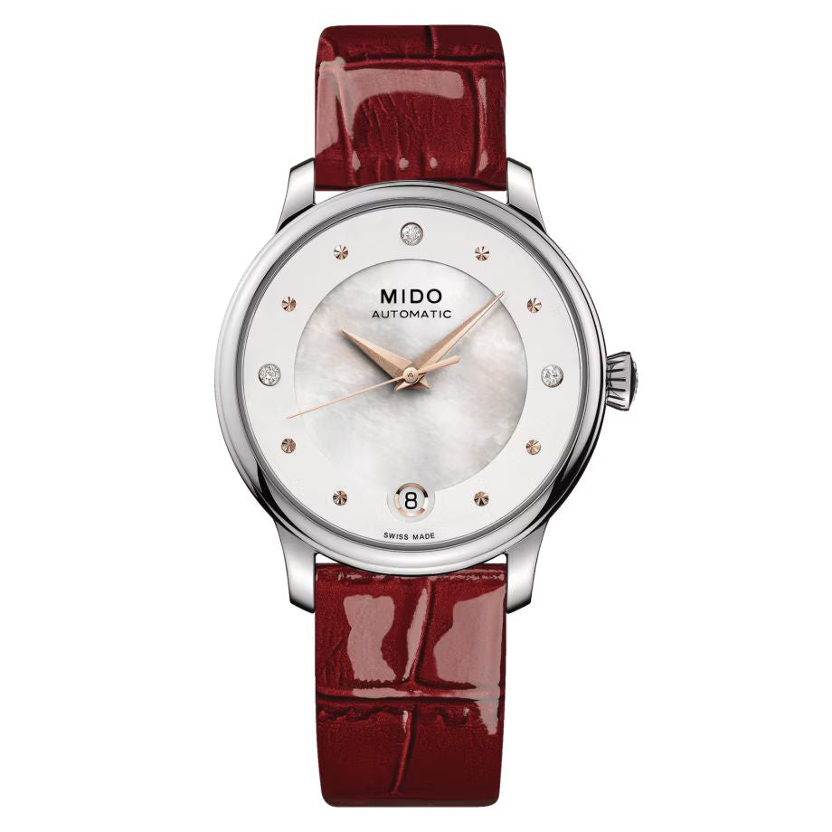 Mido M0392071610600 watch for man with a white dial and leather strap.