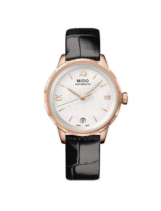 Mido M0432073601800 watch for woman with a white dial and leather strap.