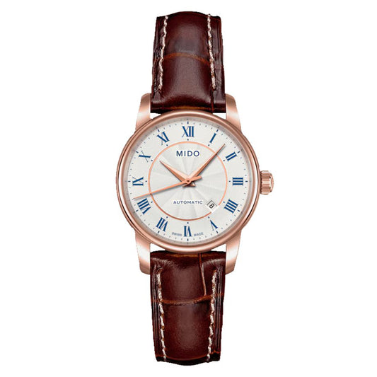 Mido M76002218 watch for woman with a white dial and leather strap.