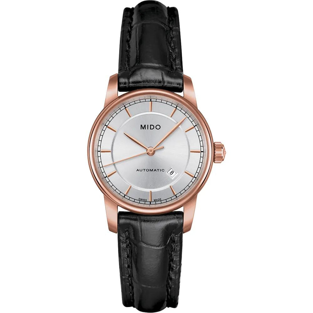 Mido M76003104 watch for woman with a grey dial and leather strap.