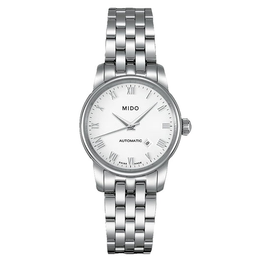 Mido M76004261 watch for woman with a white dial and stainless steel strap.