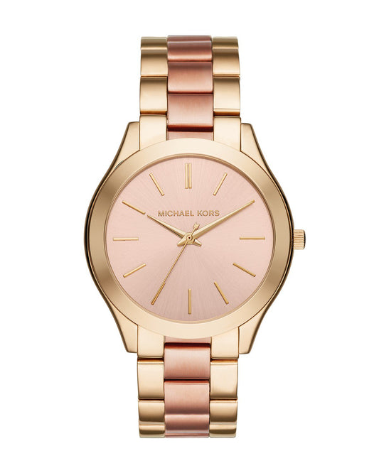 Michael Kors MK3493 watch for women with a golden dial and steel strap.