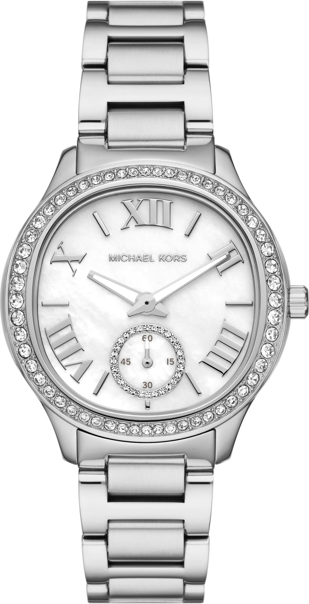 Michael Kors MK4807 watch for woman with a white dial and stainless steel strap.