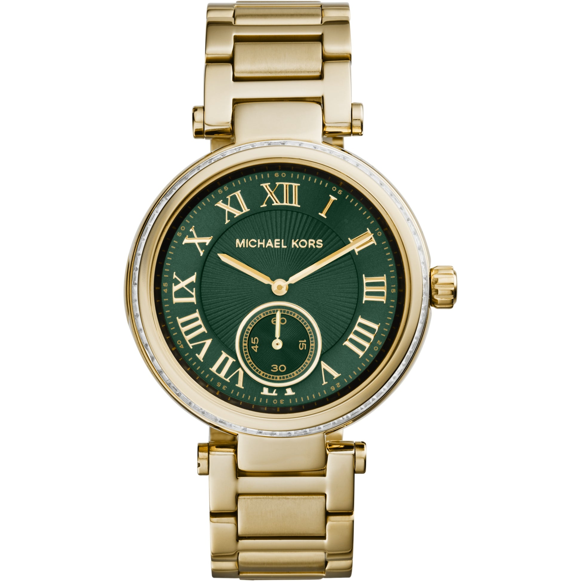 Michael Kors MK6065 watch for women with a green dial and steel strap.