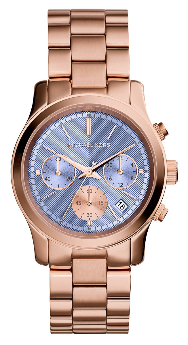 Michael Kors MK6163 watch for women with a purple dial and stainless steel strap.
