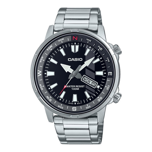 Casio MTD-130D-1A4VDF watch for man with a black dial and stainless steel strap.