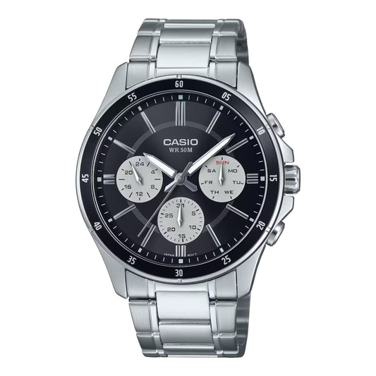 Casio MTP-1374D-1A3VDF watch for man with a black dial and stainless steel strap.