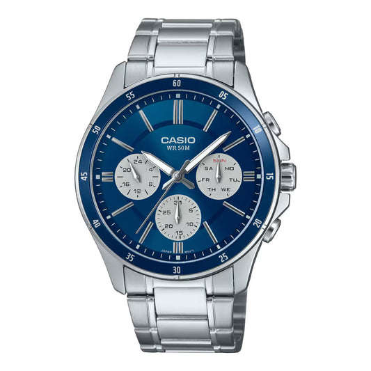 Casio MTP-1374D-2A3VDF watch for man with a blue dial and stainless steel strap.