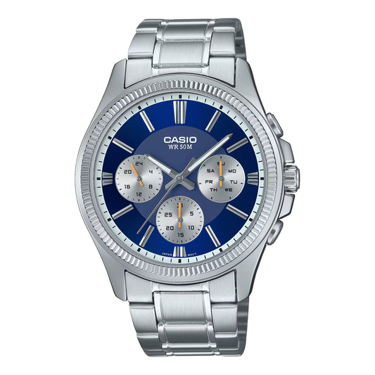 Casio MTP-1375PD-2A1VEF watch for man with a blue dial and stainless steel strap.