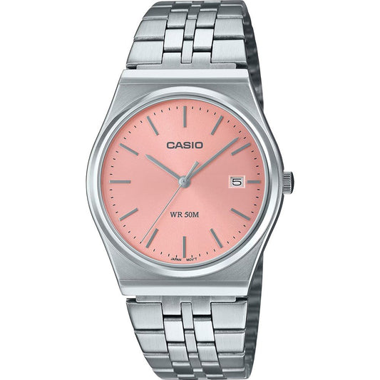 Casio MTP-B145D-4AVEF watch for women with a pink dial and steel strap.