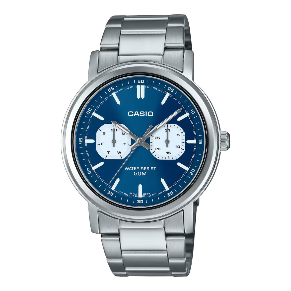 Casio MTP-E335D-2E1VDF watch for man with a blue dial and stainless steel strap.