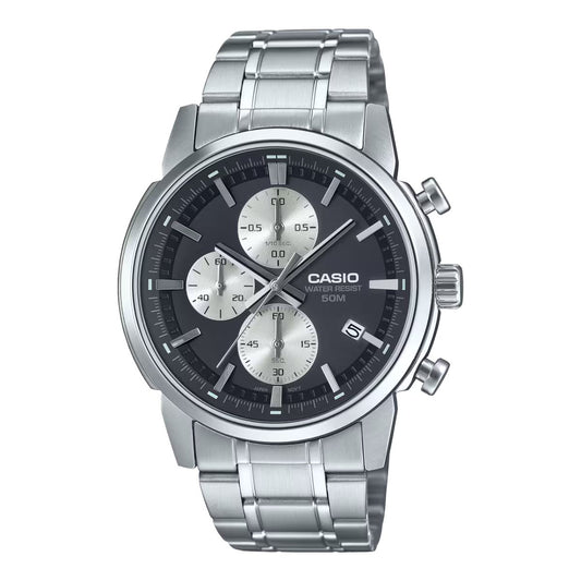 Casio MTP-E510D-1A2VDF watch for man with a black dial and stainless steel strap.