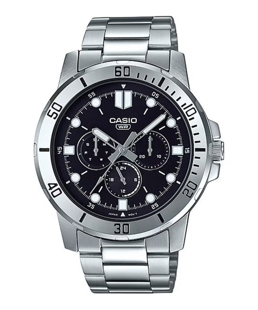 Casio MTP-VD300D-1E watch for man with a black dial and stainless steel strap.