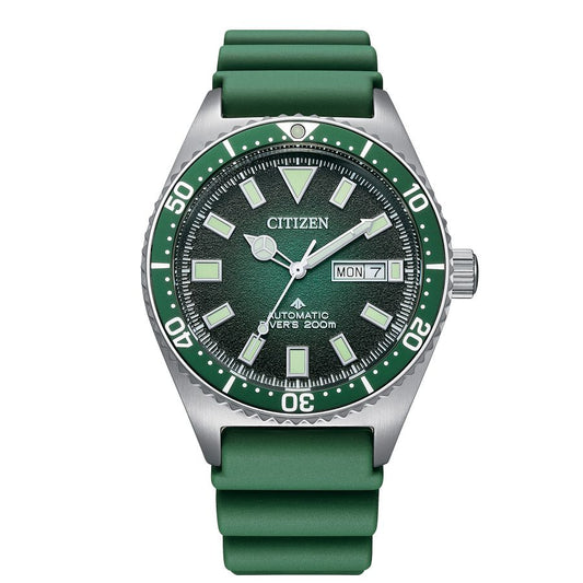 Citizen NY0121-09X watch for man with a green dial and rubber strap.