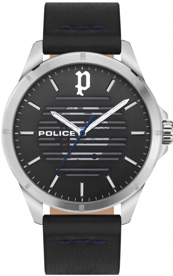 Police PEWJA2204502 watch for man with a black dial and leather strap.