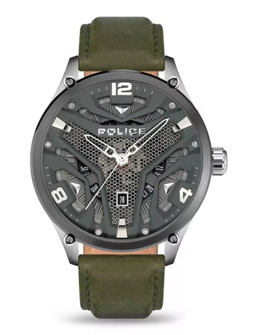Police PEWJB2203042 watch for man with a grey dial and leather strap.