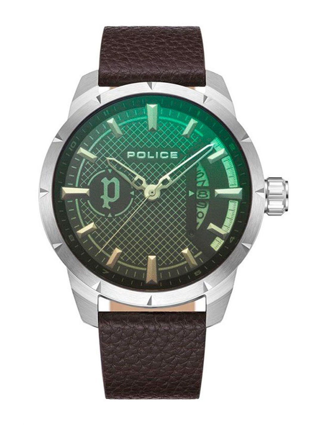 Police PEWJB2226902 watch for man with a green dial and leather strap.