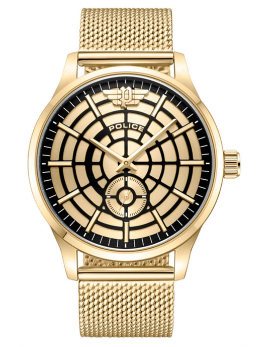 Police PEWJG0005203 watch for man with a golden dial and stainless steel strap.
