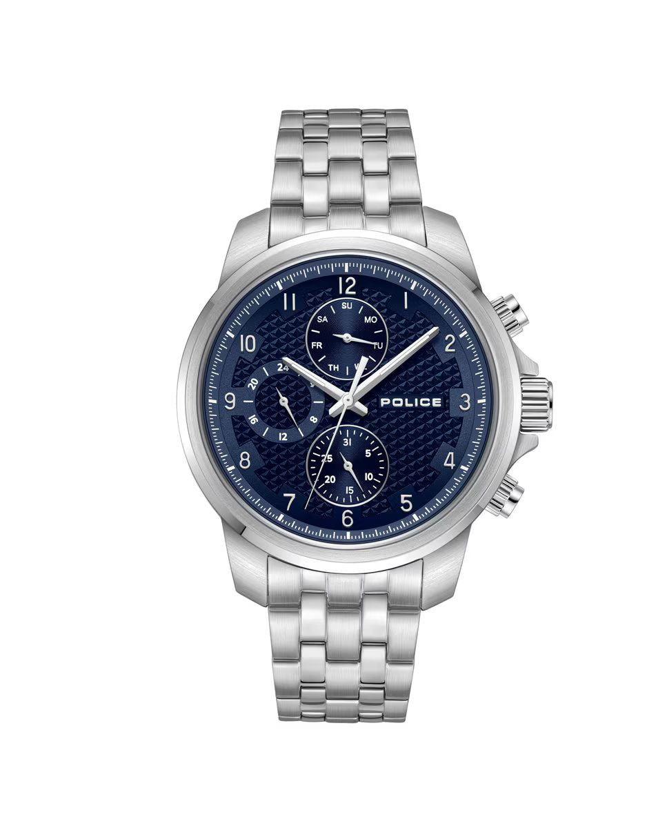 Police PEWJK0021505 watch for man with a blue dial and stainless steel strap.
