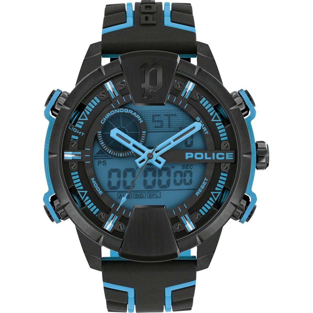 Police PEWJP2110202 watch for man with a blue dial and silicone strap.