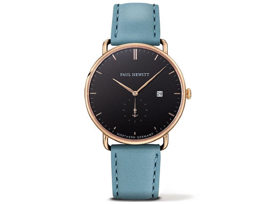 Paul Hewitt PH-TGA-G-B-23S watch for man with a black dial and leather strap.