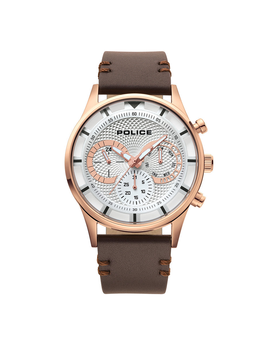 Police PL.14383JSR-04 watch for man with a white dial and leather strap.