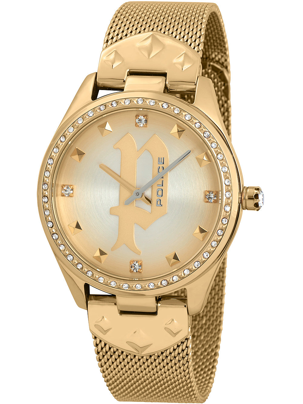 Police PL16029MSG.22MM watch for women with a golden dial and stainless steel strap.