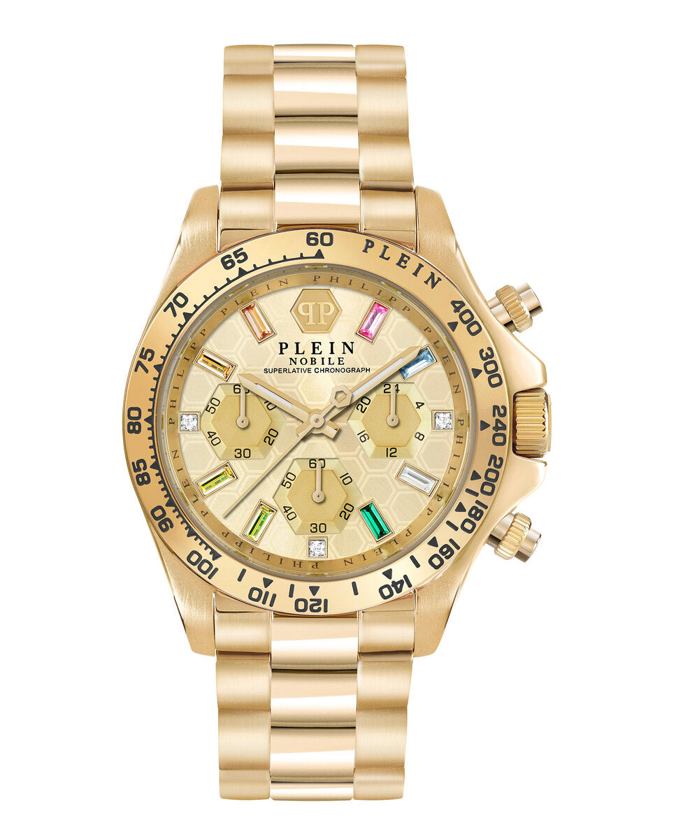 Philipp Plein PWSBA0223 watch for women with a golden dial and stainless steel strap.