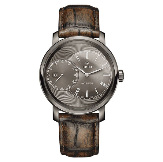 Rado R14129316 watch for man with a brown dial and leather strap.