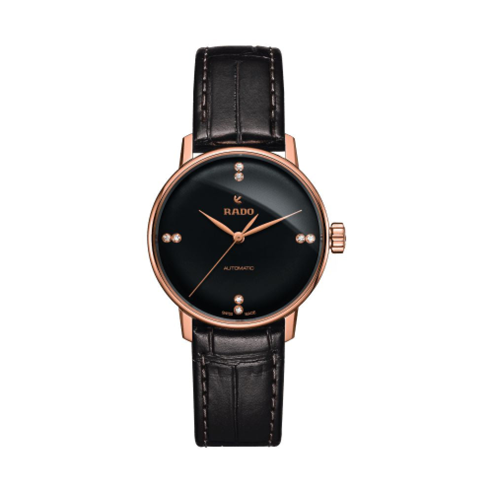 Rado R22865755 watch for woman with a black dial and leather strap.