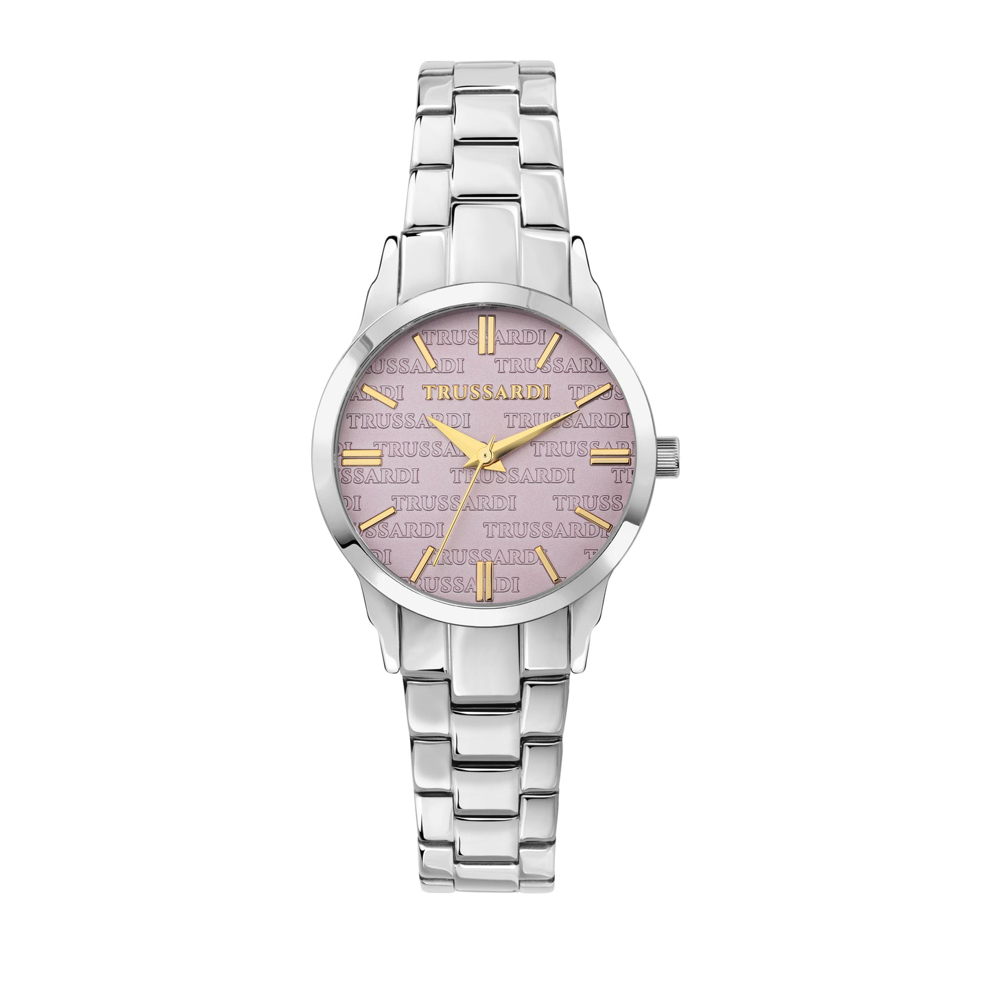 Trussardi R2453141508 watch for women with a purple printed dial and stainless steel strap.