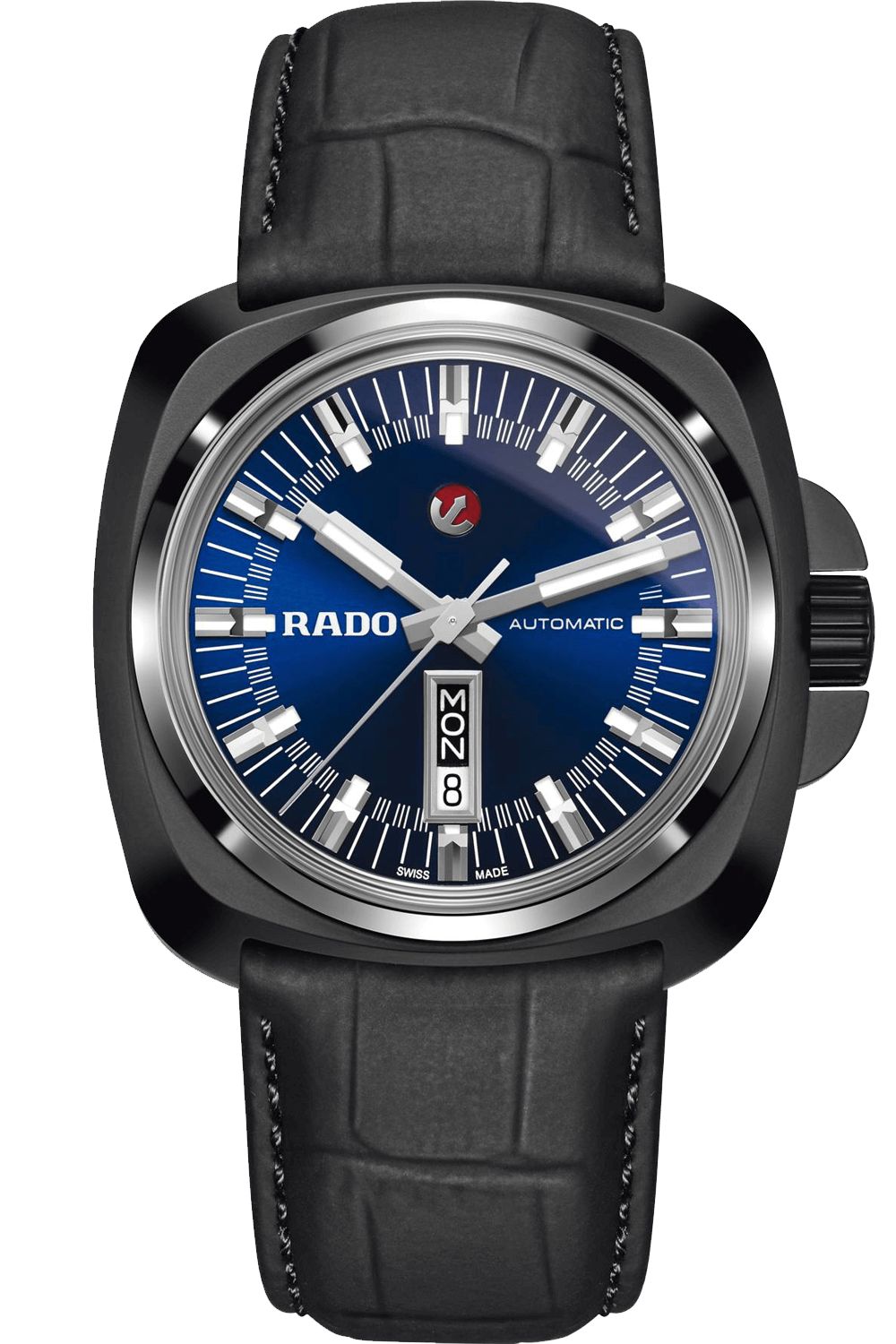 Rado R32171205 watch for man with a blue dial and leather strap.