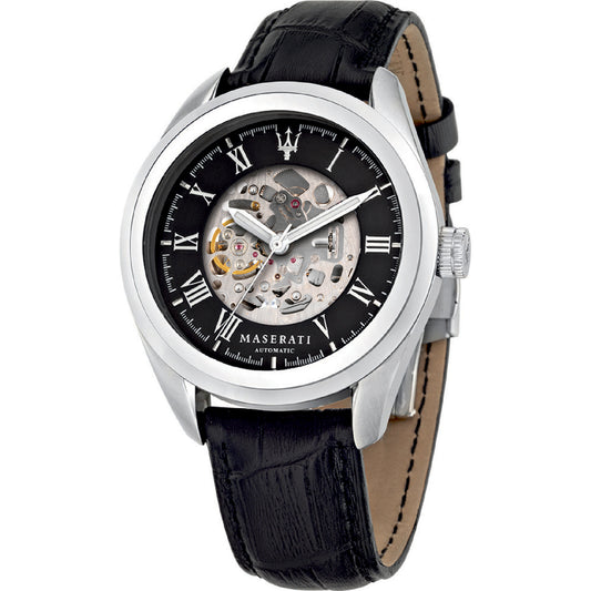 Maserati R8821112004 watch for man with a black dial and leather strap.