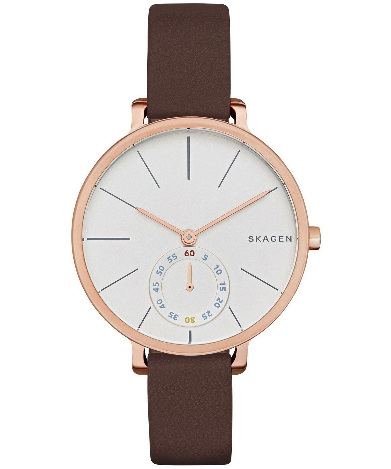 Skagen SKW2356 watch for women with a silver dial and leather strap.